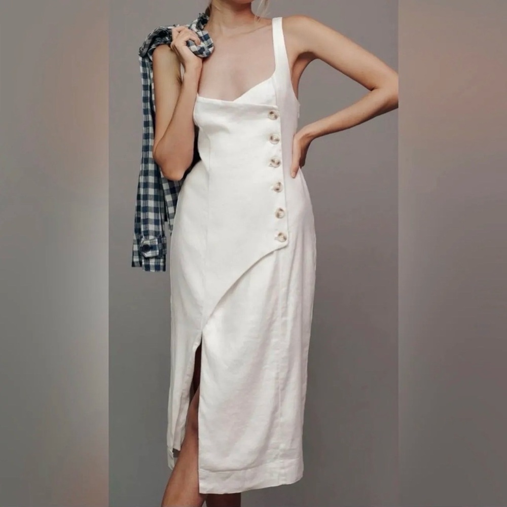 Anthropologie Sleeveless Square-Neck Linen Button Wrap Midi Dress